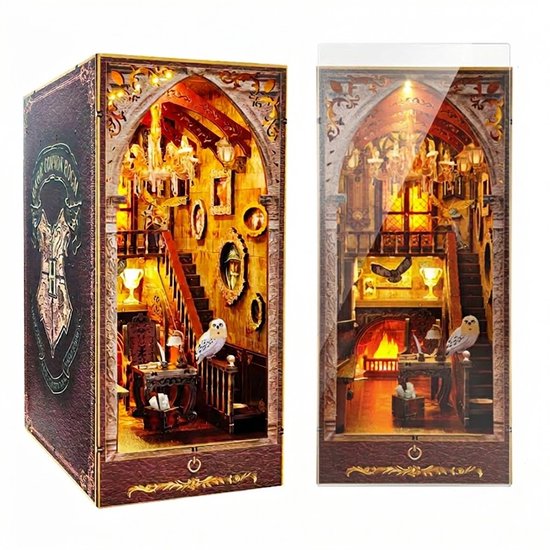 Luxe Houten Book Nook met Touch Sensor Verlichting –Miniatuur Bouwpakket Magische School DIY Boekensteun – Fantasy Miniatuur Model met Stofkap