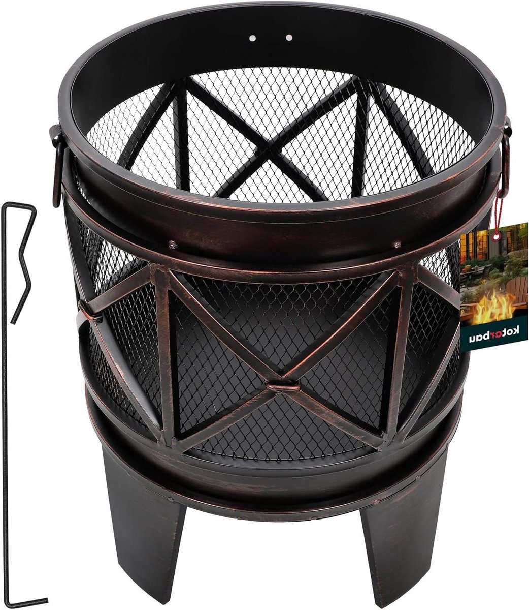 Vuurkorf Tuin Rond - Buitenhaard Terras - Gezellige Avonden - Hoge Vonkenscherm - 42 cm Breed - Antiek Roest