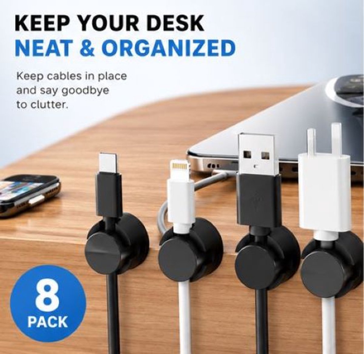 Magnetische Kabelclips – 8 Stuks – Premium Kabelhouder Bureau – Zelfklevende Cable Management Organizer – Voor USB, HDMI & Oplaadkabels - ZWART