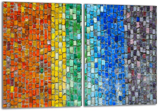 Twee schilderijen met een mozaïek van gekleurde tegels, links oranje, geel, groen; rechts blauw en paars.