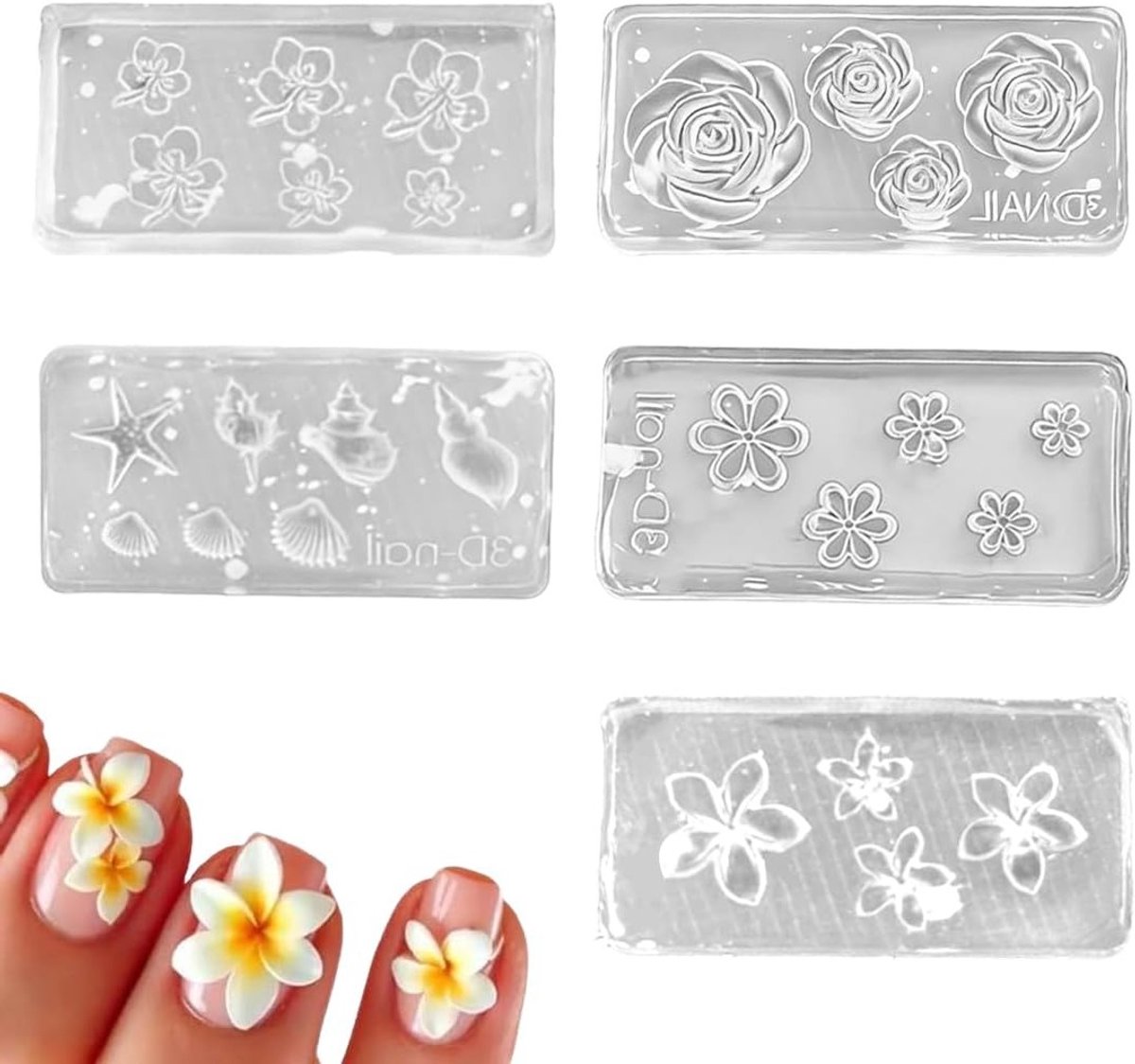 Decoratiesets voor manicure en pedicure, siliconen vormen voor nagelkunst, 5 stuks, 3D-bloemenstempel en DIY nagelaccessoires voor creatieve nagelstyling