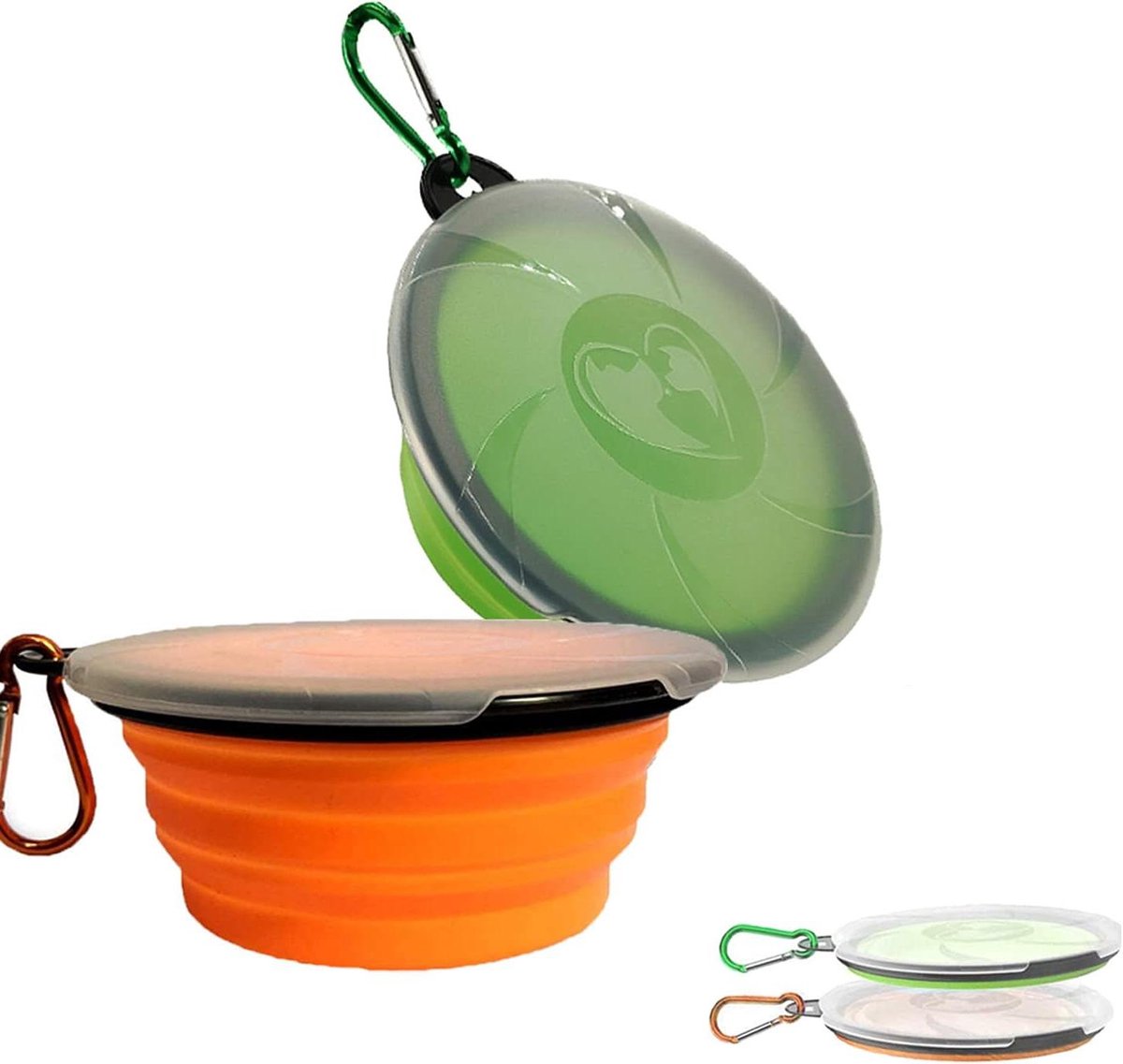 Hondenkommen Opvouwbaar - Voerbakjes Reisbakjes - Huisdieren Voeden - Met Deksel en Haak - 450ml 2 Stuks - Groen Oranje