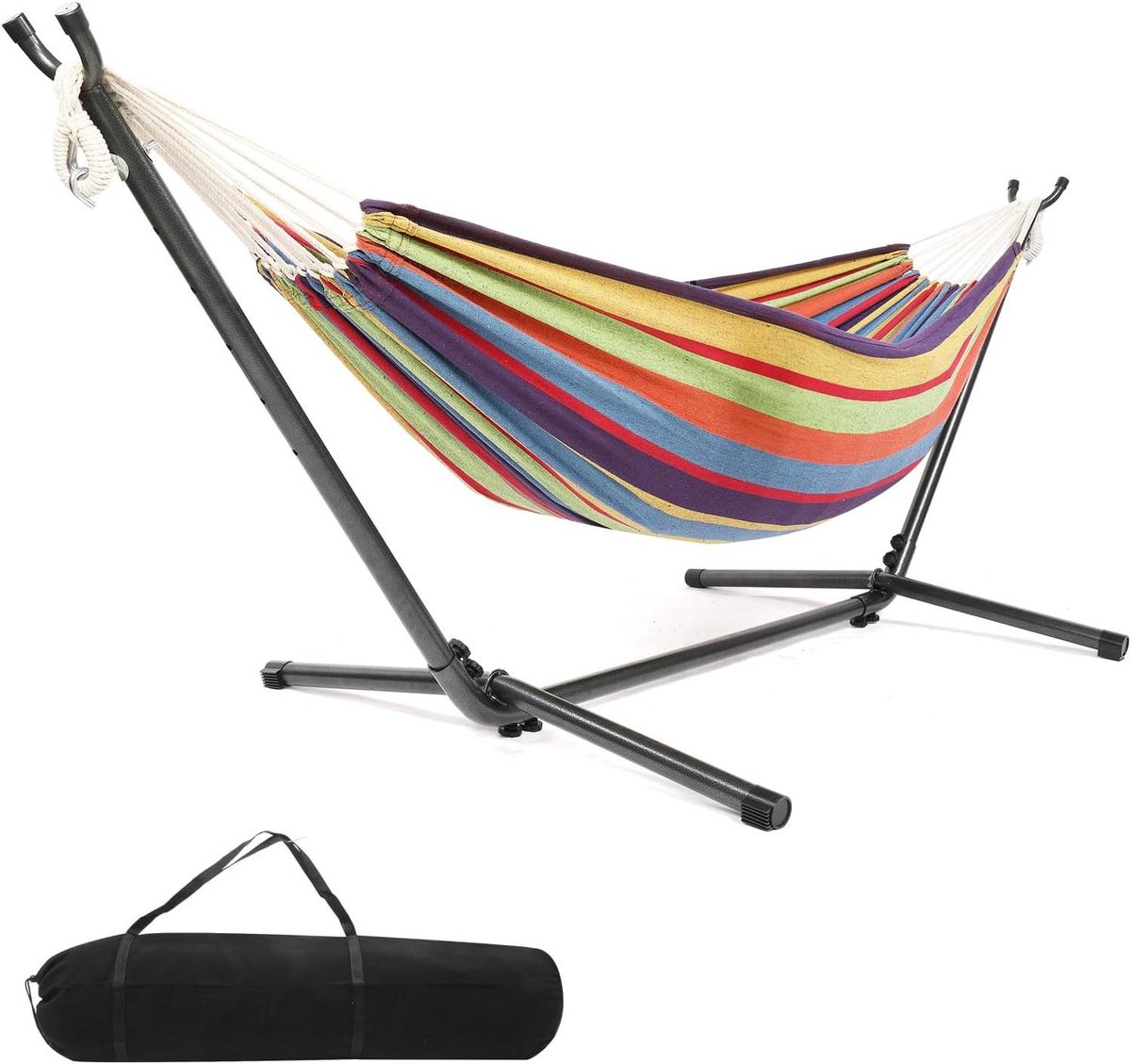 Hangmat met Standaard - Dubbele Hangmat - Buiten Ontspannen - Robuust Stalen Frame - 2 personen - Regenboogstreep