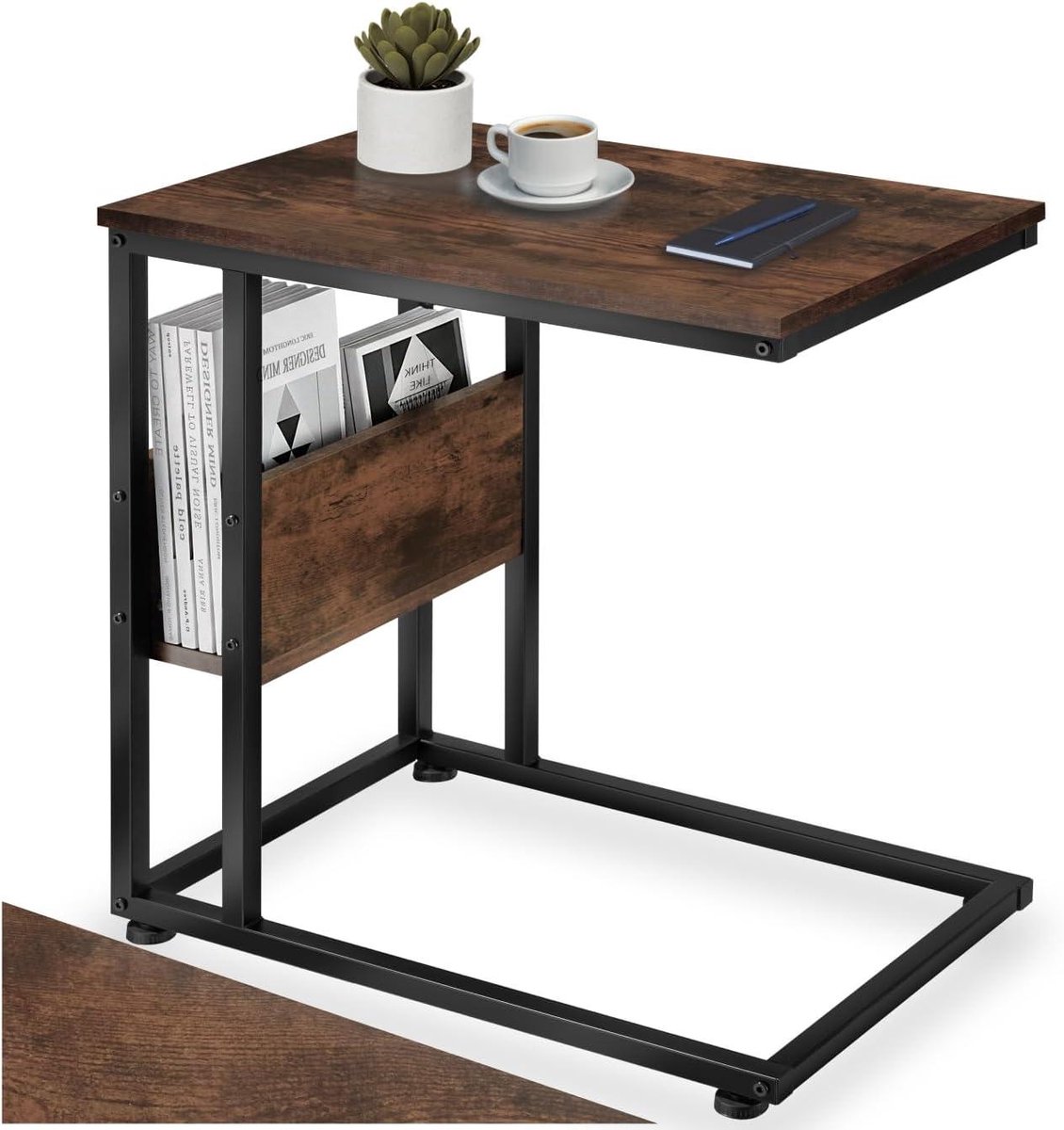 Bijzettafel Hout Metaal - Salontafel C-vorm - Woonkamer Organisatie - Met Zijvak - 55 x 365 x 60 cm