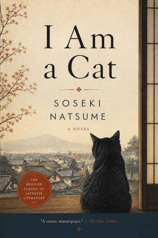 Couverture du livre "I Am a Cat" avec un chat noir regardant un village japonais. Le titre est bien visible.