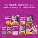 Overzicht van verschillende Whiskas kattenvoer variaties met katten en bakjes voer. Whiskas Duo, Aromatic, Kitten en Tasty Mix.