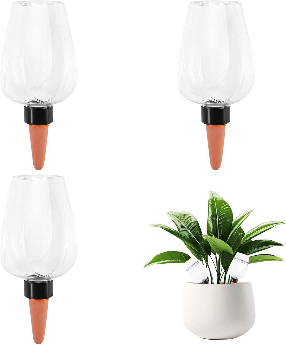 Drie watergeefbollen voor rozenplanten van 350 ml met langzame waterafgifte, zelfwaterend systeem met terracotta dop, geschikt voor tuinen, huizen en bloemisten.