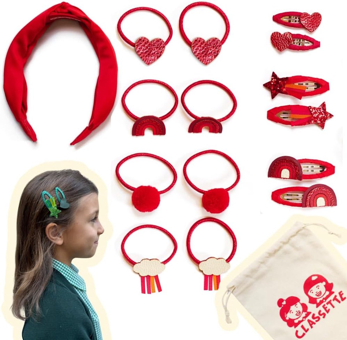 Kinder Haaraccessoires Set - Elastiek Clips Hoofdband - School Uniform - 15 Stuks - Rood