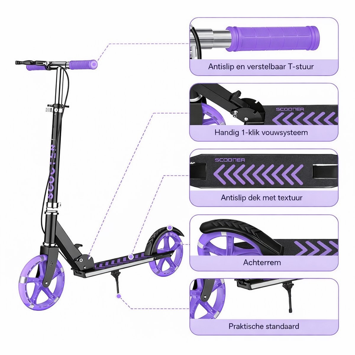 Step-Opvouwbare Step Verstelbaar stuur - Kinderstep 20 cm wielen met verlichting - Dubbel remsysteem - Draagvermogen 100 kg - Kinderen en Volwassenen-Paars thumbnail 3