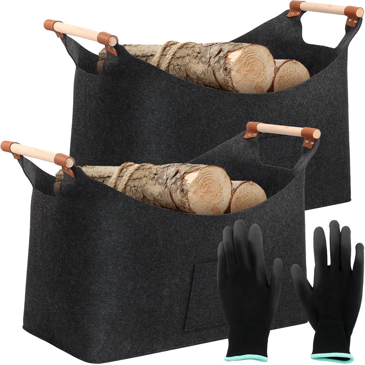 Brandhoutmand Vilt - Brandhoutzak Opvouwbaar - Haardhout Opslag - Grote Capaciteit 30kg - 55x32x40cm - Donkergrijs