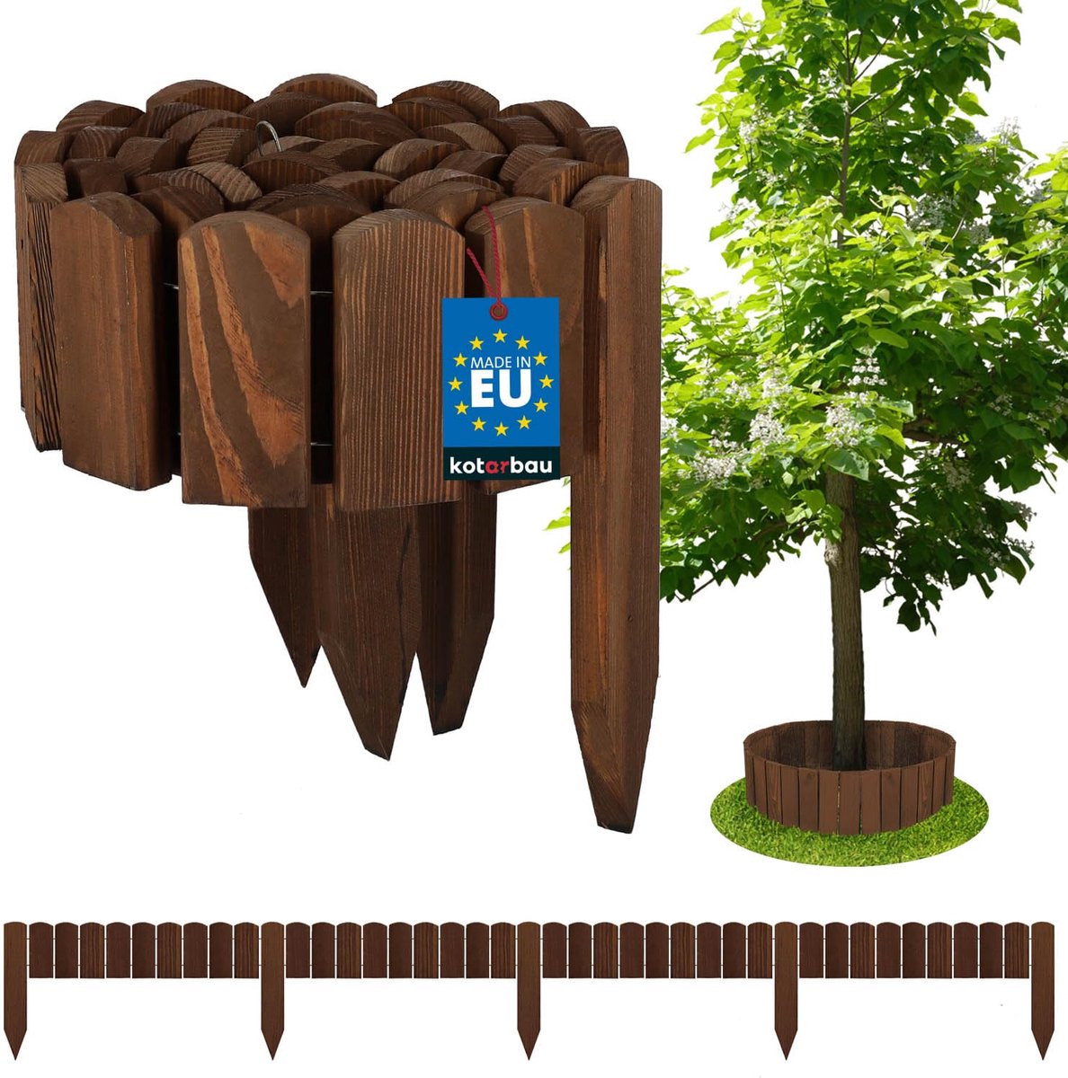 KOTARBAU® Bloembedrand, Rolborder, 200 x 10 cm, Bruin, Tuinafscheiding, Houten Tuinhek, Borderrand, Palissade, Schapenhek, Tuindecoratie