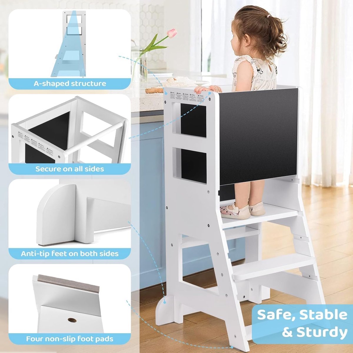 Peutertoren - Keukentoren Kinderopstapje - Kinderen Helpen - 3 Verstelbare Hoogtes - 34" X 11.8" X 15.7" - Wit