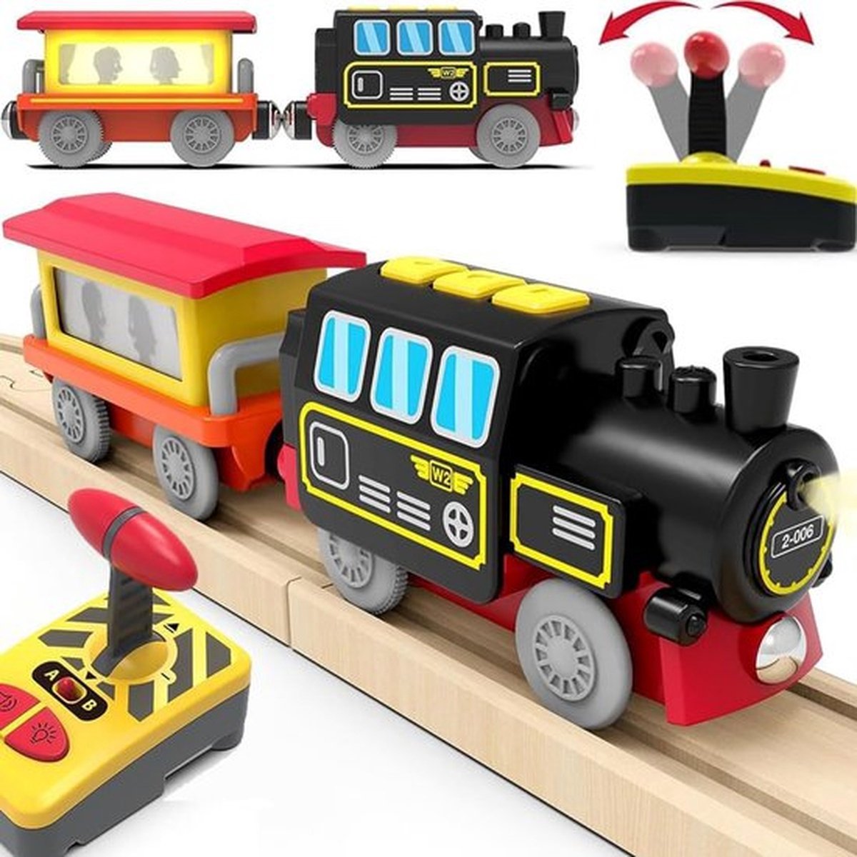 Gemotoriseerde houten trein - Trein met afstandsbediening en magnetische verbinding - Elektrische locomotief trein op batterijen voor peuters - Compatibel met houten rails