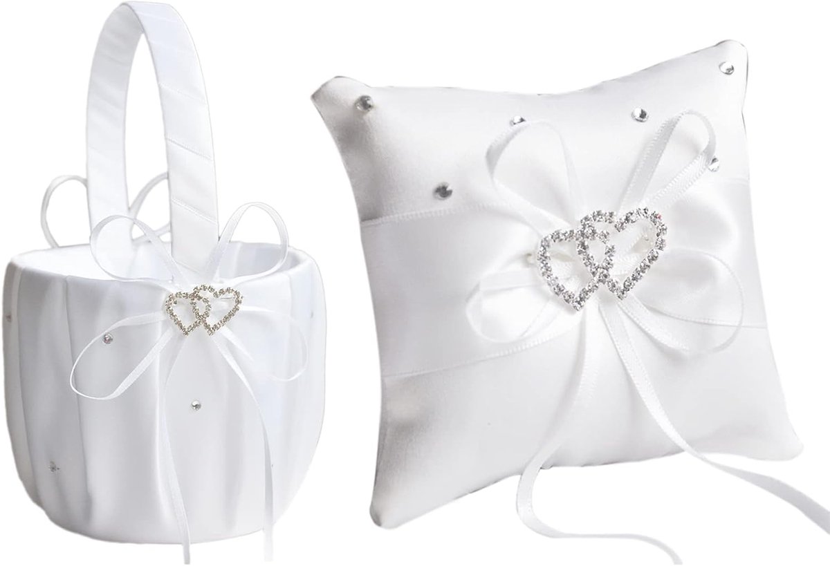 Bruiloft Set - Bloemenmand Ringkussen - Ceremonie Decoratie - Dubbele Hart Versiering - 22x13cm 20x20cm - Wit