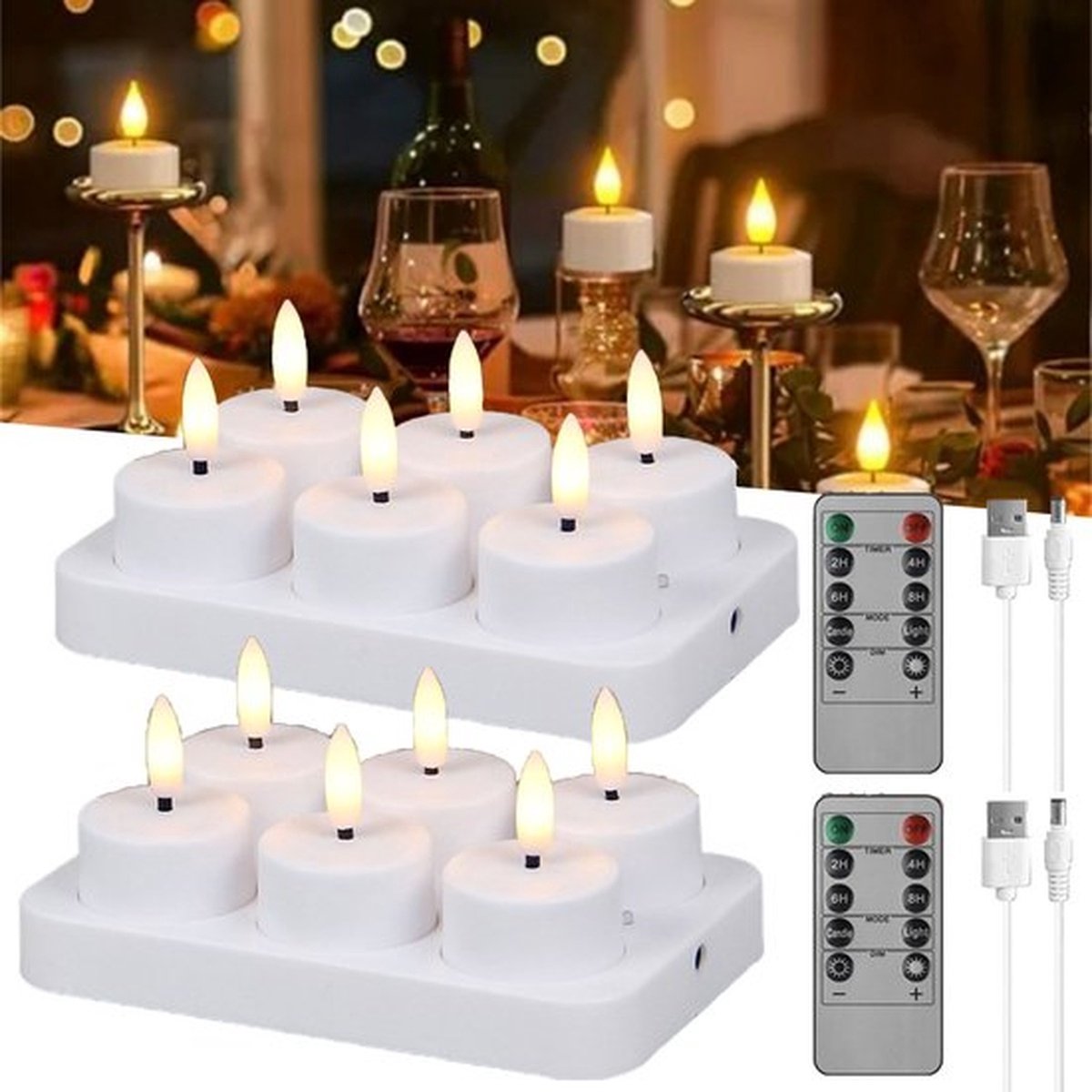 12 Oplaadbare Theelichtjes Met Laadstation En Timer - Led-Theelichtjes - Flikkerende Kaarsen Met Afstandsbediening - Timerfunctie - Perfect Voor Thuis - Halloween - Pompoen - Kerstmis - Feestdecoratie