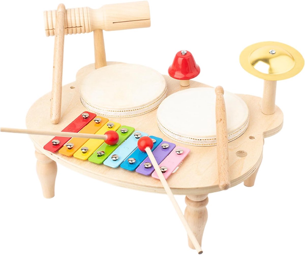 Houten Drumstel - Kinder Percussie - Muziek Maken - Duurzaam Hout Metaal - 21 x 33.5 x 25.5 cm