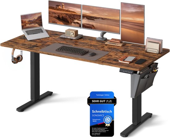 Zwart frame bureau met verweerd houten blad, een laptop, drie monitors en een zit-sta logo.