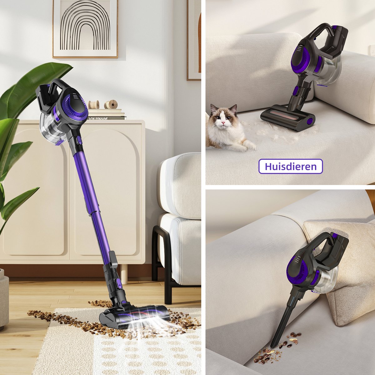 Elekiatech Steelstofzuiger Draadloos - 55000 Pa - 50Min Gebruikstijd - voor Huisdieren - 2,0L - Paars – foto 5
