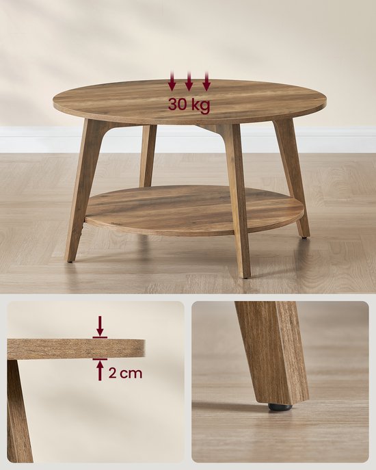 Ronde houten salontafel met afmetingen en een gewichtsindicatie van 30 kg.