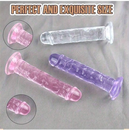 Witte, roze en paarse dildo's met zuignap en textuur, met de tekst 'PERFECT AND EXQUISITE SIZE'.