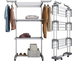 Droogrek met wieltjes, multifunctioneel, 4 etages, wasrek, toren, inklapbaar, staande droger, wasrek, ruimtebesparende vleugels, voor binnen en buiten (licht grijs)