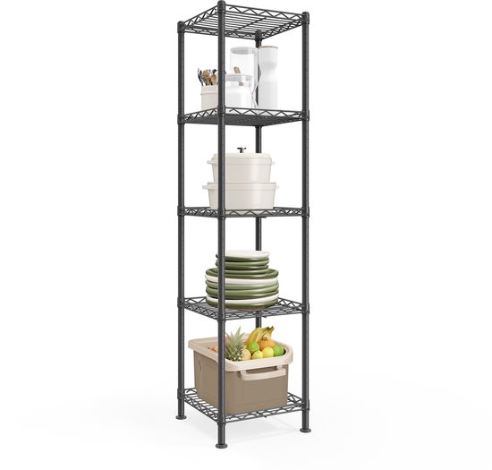 Zwart, 5-laags metalen rek gevuld met servies, potten, fruit en potjes.