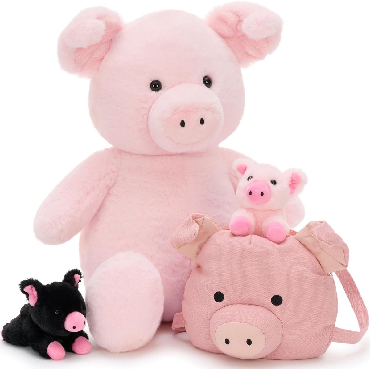 Pluche Varken Knuffel - Knuffeldier XXL - Kinderkamer Decoratie - Met Baby Schoudertas - 53 cm - Roze Zwart