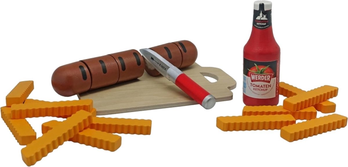 Tanner speelgoed Bratwurst met frietjes en ketchup houten set.