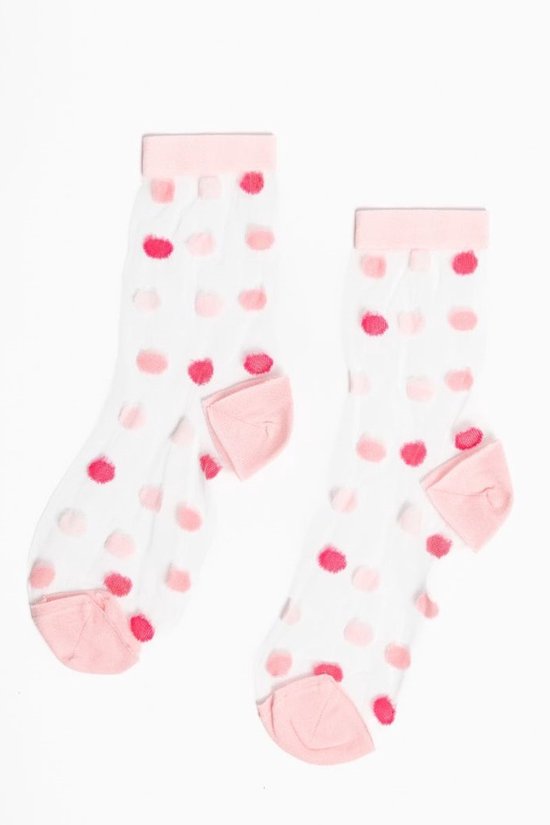 Witte panty sokjes met roze en fuchsia stippen, roze teen- en hielstuk.