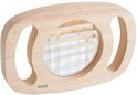 Kaléidoscope en bois avec deux poignées et une fenêtre quadrillée.