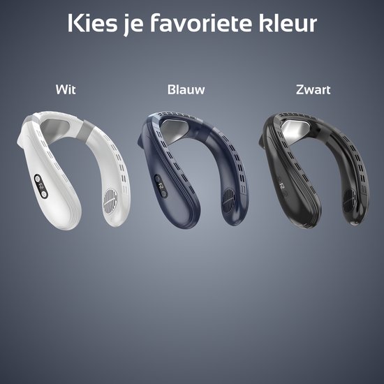 Drie nekventilatoren in wit, donkerblauw en zwart, die de beschikbare kleuren tonen.