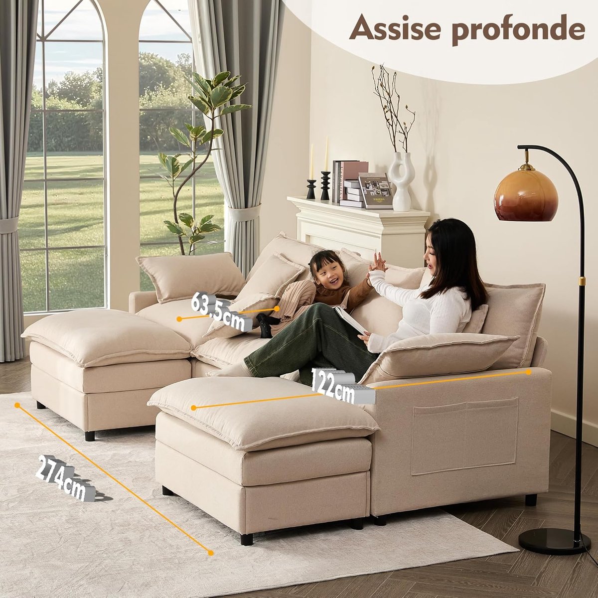 U-vormige modulaire slaapbank 274 cm met opbergruimte en chenille stof – diepe zit, 5-zits hoekbank, beige, 274 x 145 x 93 cm – Laura