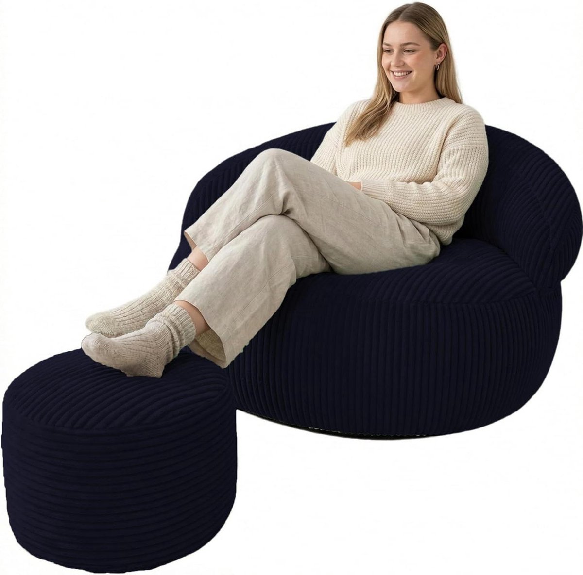 Voetsteun Rond - Ottoman Poef - Ontspannen Zitten - Wasbare Hoes - 55 x 30 cm - Donkerblauw