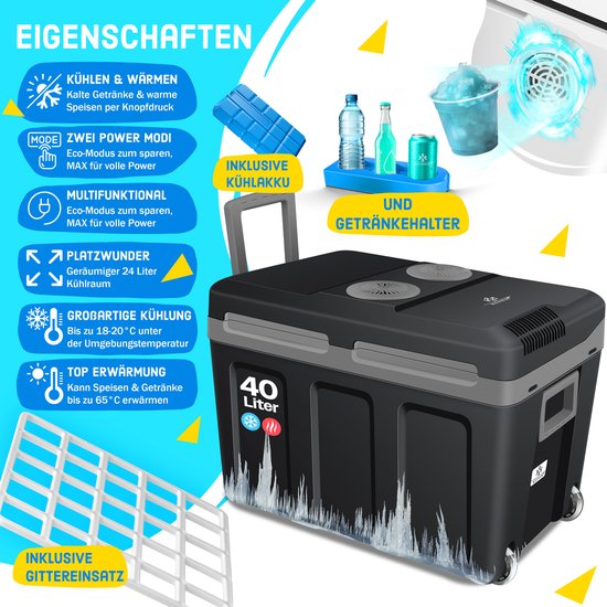 KESSER® 40L Thermo Elektrische Koelbox met wielen | voor warm houden en koelen | Coolbox | 12 volt en 230 volt| minikoelkast | thermobox voor auto| boot en camping | met ECO-modus - 40L, Zwart / Grijs van KESSER — afbeelding 3
