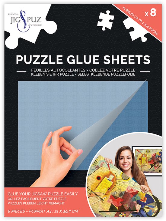 Verpakking van Jig & Puz puzzellijm vellen, met een hand die een vel optilt, en een vrouw die een voltooide puzzel vasthoudt.