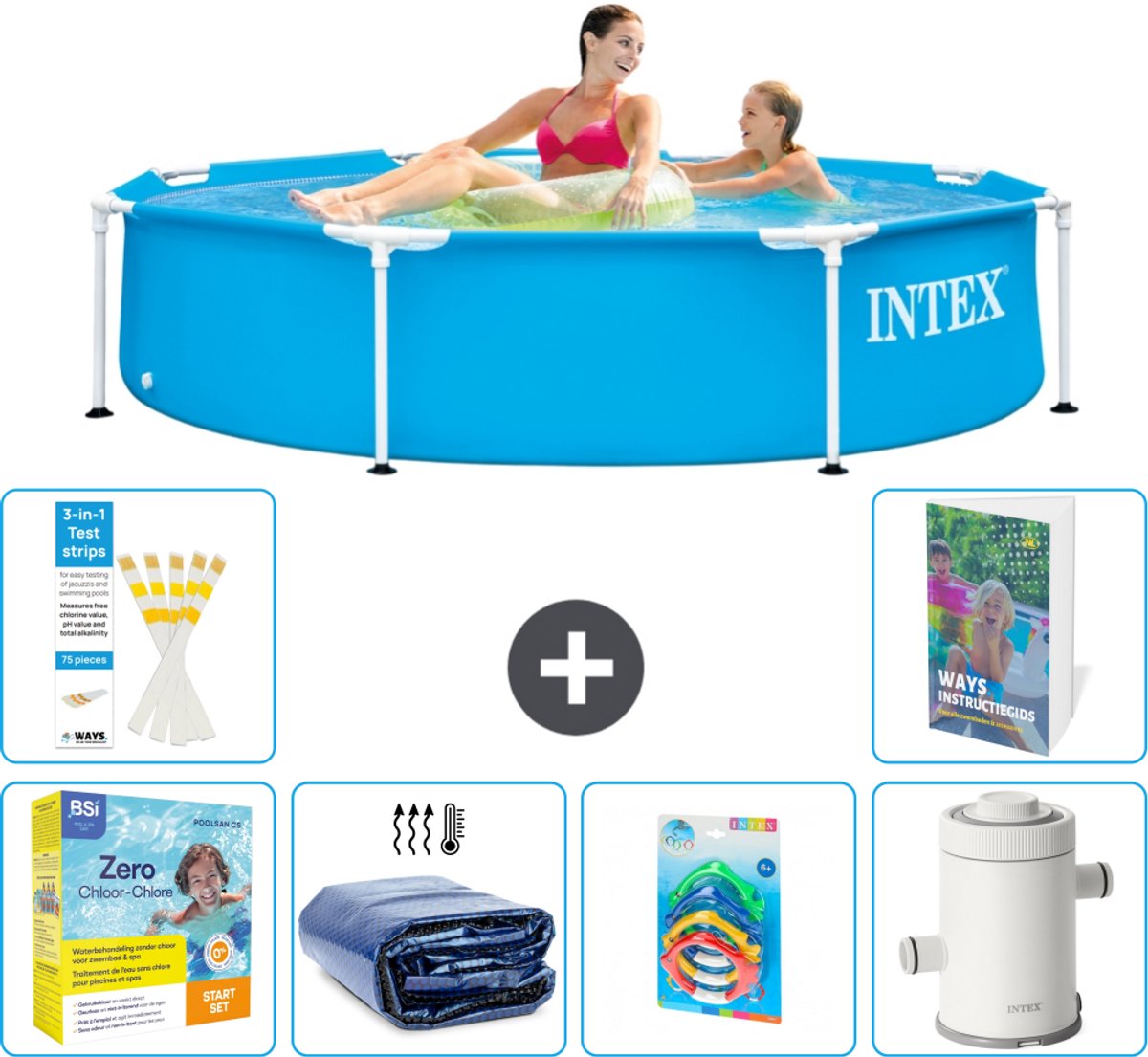 Intex Rond Frame Zwembad - 244 x 51 cm - Blauw - Inclusief Onderhoudspakket - Solarzeil - Speelgoed - Zwembadfilterpomp - 7-delig