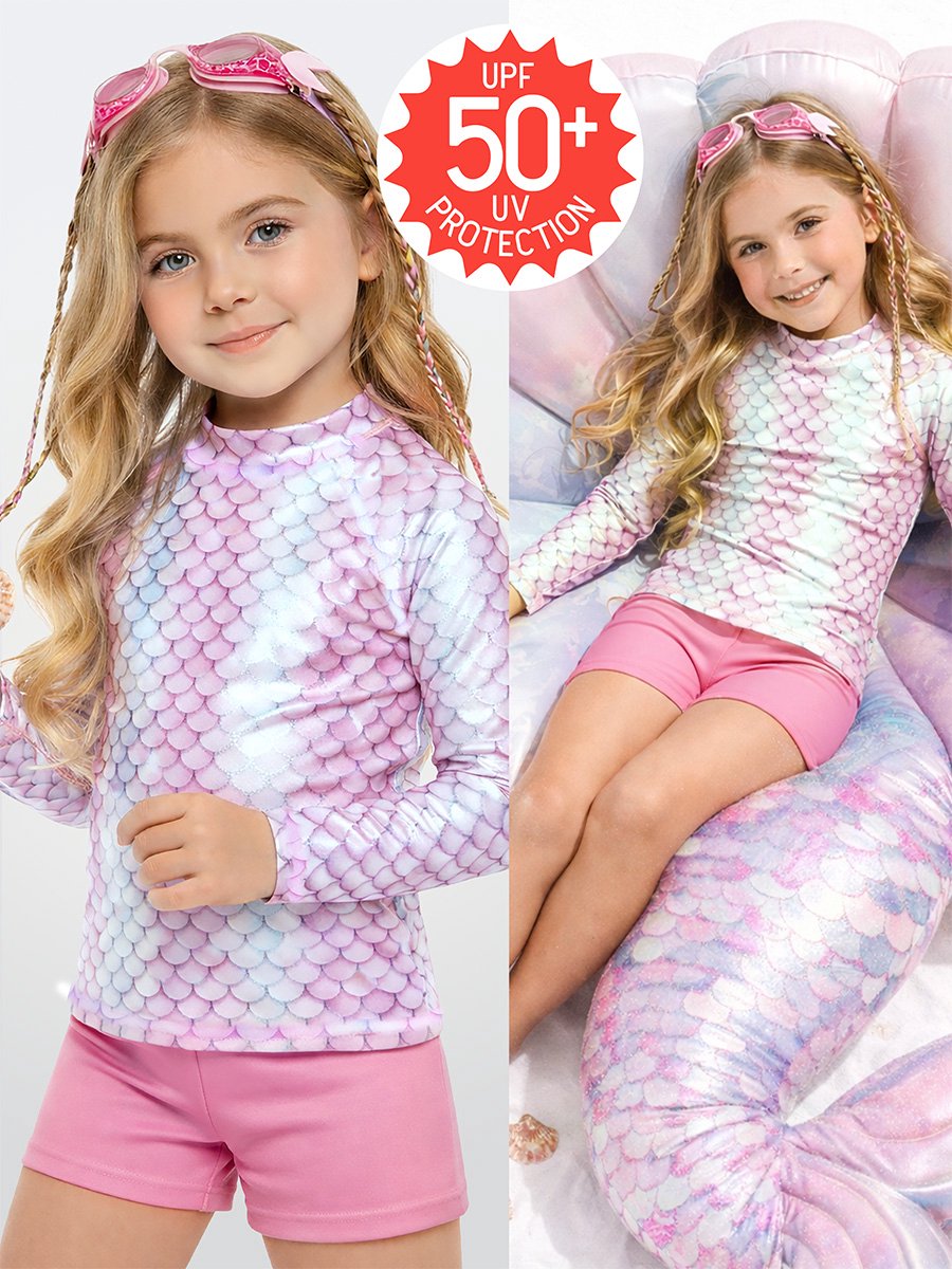 Denokids CFF-26Y1-119 Roze meisjes top met zonbescherming - Zilverkleurige glinsterende zeemeerminprint zwempak T-shirt 98