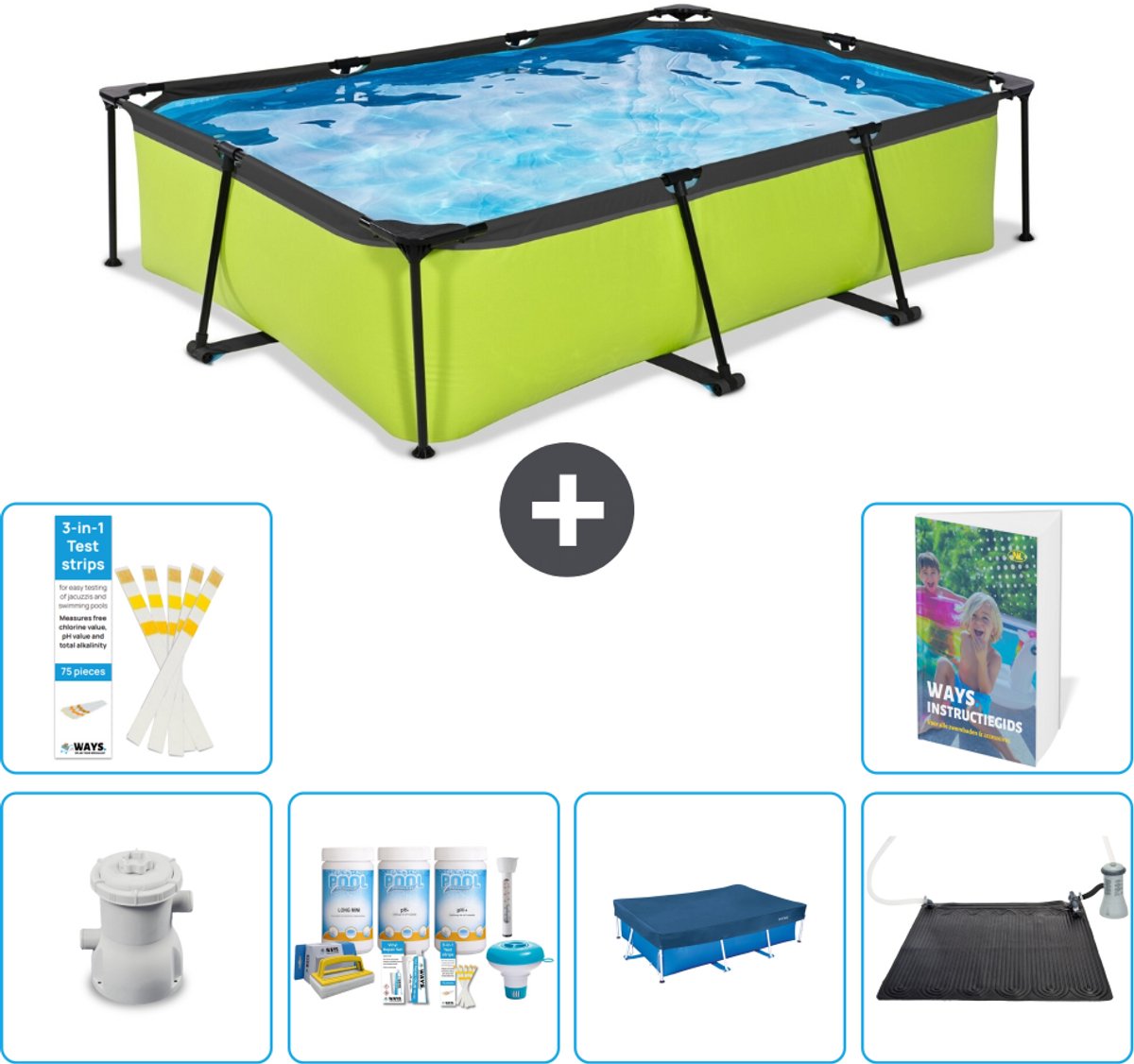 EXIT Rechthoekig Lime Frame Zwembad - 300 x 200 x 65 cm - Inclusief Pomp Onderhoudspakket - Afdekzeil - Solar Mat - 7-delig