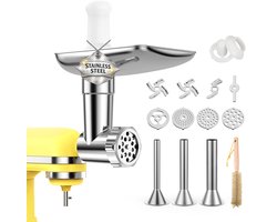 Vleesmolen-Opzetstuk RVS voor KitchenAid Standmixer – Opzetstuk voor Keukenhulp met 4 Maalschijven, 3 Worstbuizen, 2 Maalmessen & 1 Gehaktbalmaker – Vaatwasmachinebestendig – Van MMOBIEL