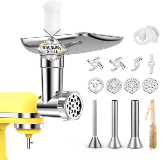 Roestvrijstalen vleesmolen-opzetstuk met accessoires, inclusief "Stainless Steel" label.