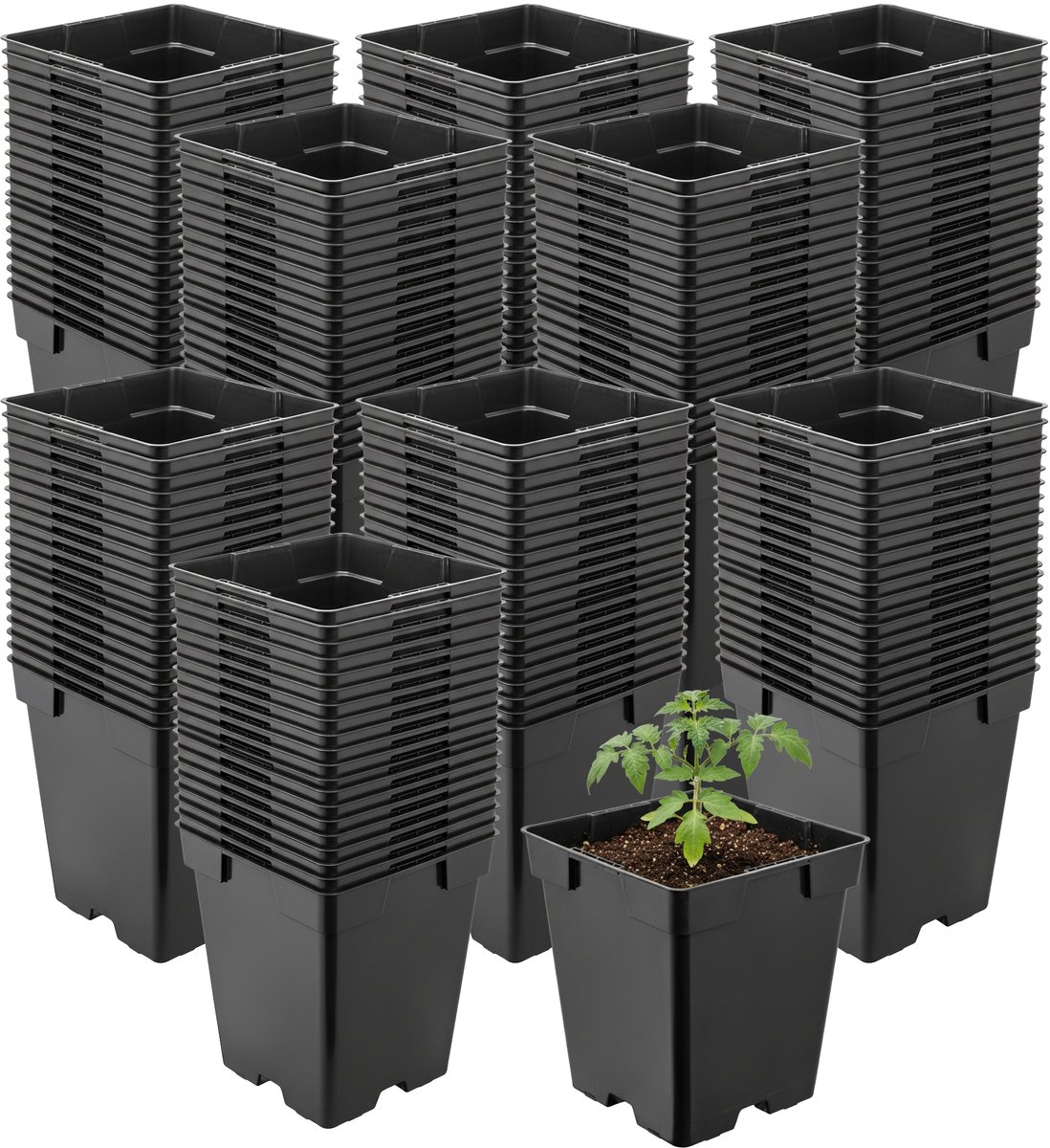 Garronda Set van 200 vierkante kunststof kweekpotten met drainagegaten voor tuin (Zwart, 11 x 11 x 12 cm (1L)) GD-KW-S