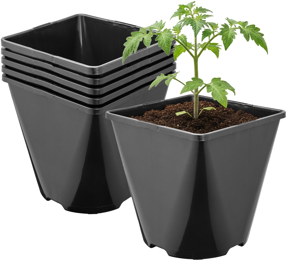 Garronda Set van 5 afgeronde vierkante kunststof bloempotten met drainagegaten voor tuin (Zwart, 14 x 14 x 14 cm (2L)) GD-KW-SR