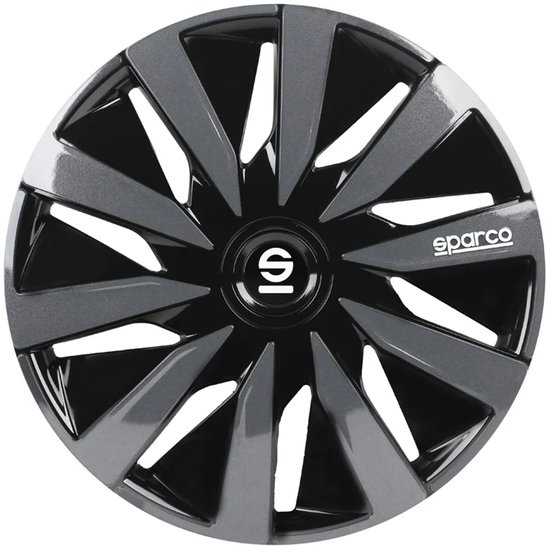 Een 15 inch wieldop met 5 dubbele spaken in zwart en grijs, met een wit Sparco logo in het midden.