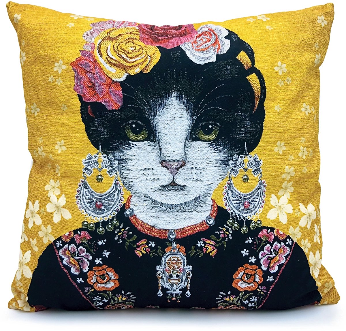 Sierkussen Kat - Kat Kussenhoes - Frida Kahlo - 45x45 cm - Geel