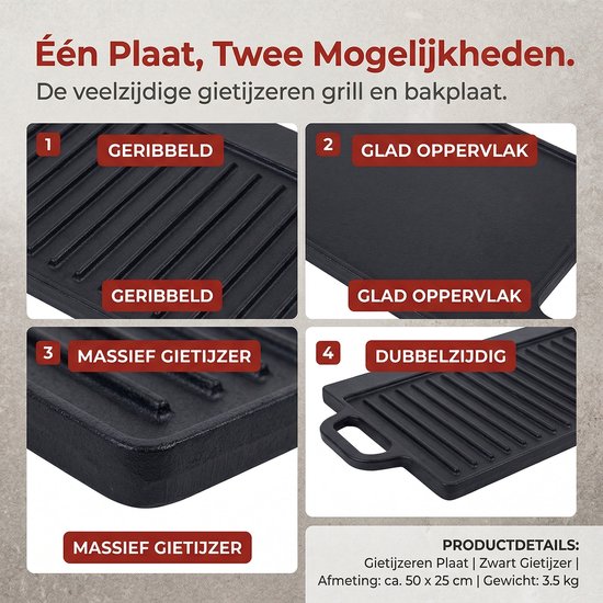 Cheqo® BBQ Grillplaat Gietijzer Dubbelzijdig - Bakplaat - Plancha - Braadplaat - Grillrooster - BBQ Plaat - Geribbeld en Glad - voor Barbecue en Kampvuur - Open Vuur — afbeelding 4
