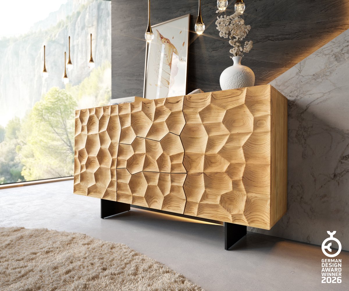 Dressoir Solu natuur eiken 145 cm 2 deuren 3 laden onderstel zwevend metaal zwart 3D front