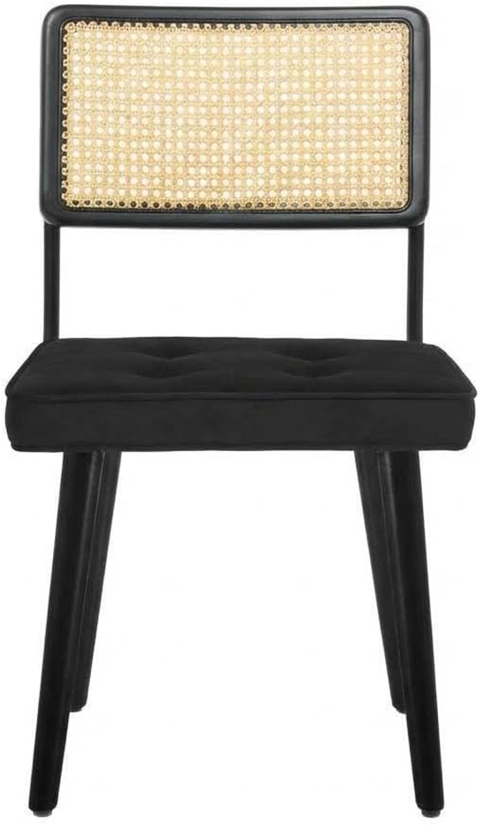 Luxe Eetkamerstoel - Natuurlijk Rotan & Massief Hout - Velvet Zitting (Zwart) - Modern Boho Design