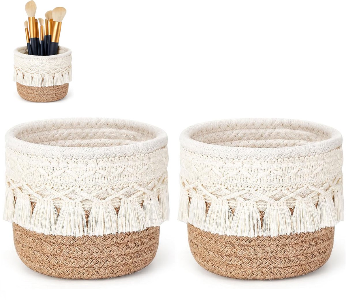 2-stuks Bureau opbergdozen - Mandjes voor make-upborstels - Ronde geweven opbergmandjes - Decoratieve opbergmandjes in Boheemse stijl - Mini opbergmandjes - Geschikt voor het opbergen van make-upborstels, kammen, pennen, enz. - Bruin, wit