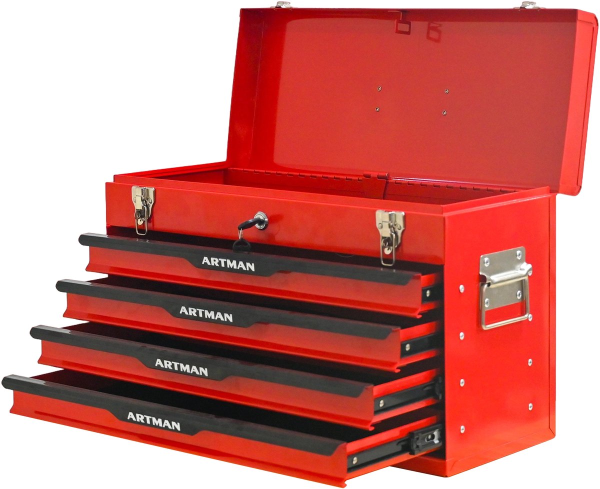 Gereedschapskoffer Met Laden - 53,2 X 22,3 X 34,5 Cm - Staal - Rood Zwart - Met Slot En Bovenblad Voor Werkplaats En Garage
