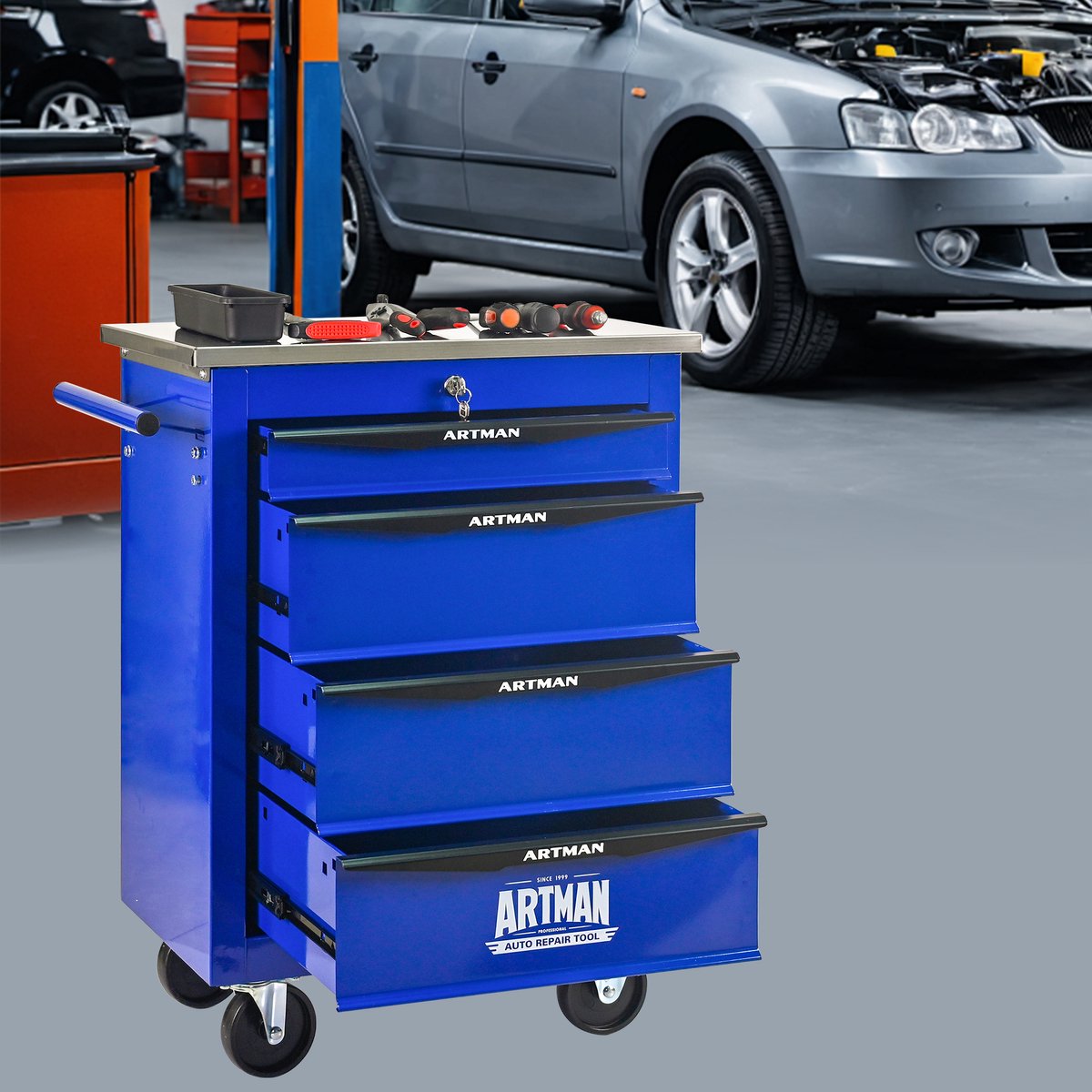 Gereedschapskar Met 4 Lades En Wielen - Met Slot En Zijhandgreep - Voor Garage En Werkplaats - Staal - Blauw Zwart - 56.5x34.5x78 Cm